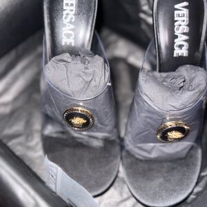 Versace Black Heels with Gold Medallion